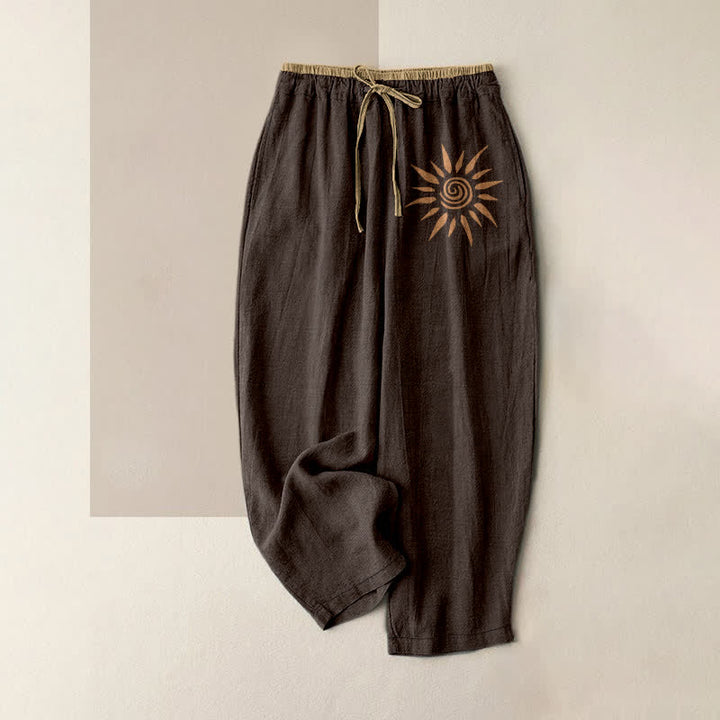 Buddha Stones Pantalones de mujer de algodón con estampado de remolinos solares estilo boho y cintura elástica con bolsillos. - Marrón silla de montar - US16，UK/AU20，EU48 (3XL) - image 5