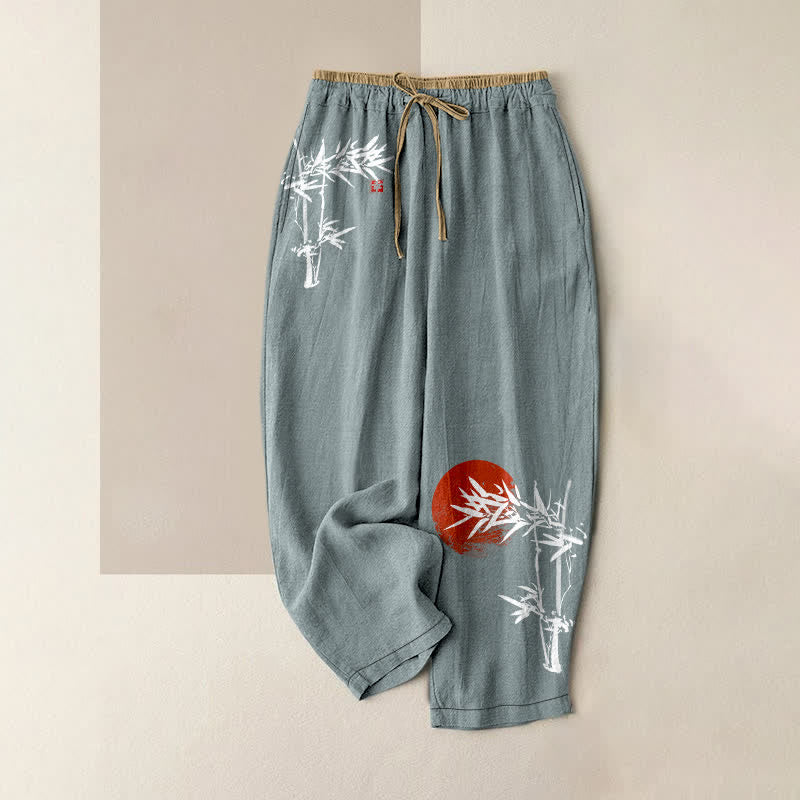 Buddha Stones Pantalones de mujer de algodón puro con estampado de bambú rojo y sol, cintura elástica y bolsillos. - Azul cadete - US16，UK/AU20，EU48 (3XL) - image 0