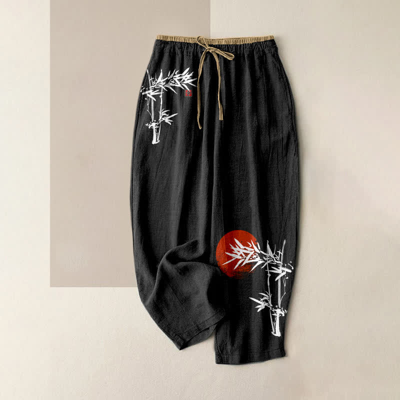 Buddha Stones Pantalones de mujer de algodón puro con estampado de bambú rojo y sol, cintura elástica y bolsillos. - Negro - US16，UK/AU20，EU48 (3XL) - image 4