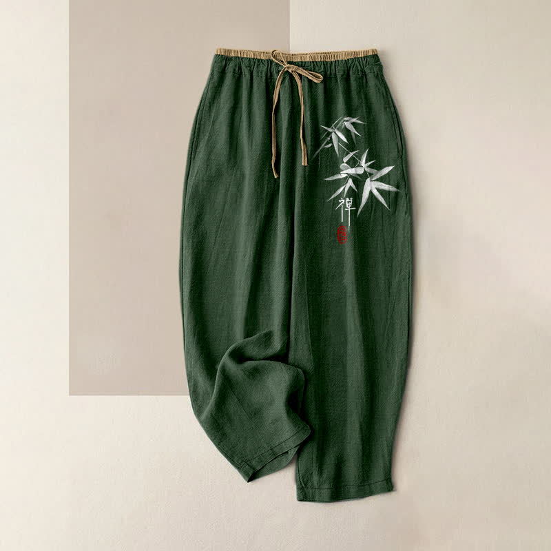 Buddha Stones Pantalones de mujer de algodón puro con estampado de bambú blanco zen, cintura elástica y bolsillos. - Verde bosque - US16，UK/AU20，EU48 (3XL) - image 4