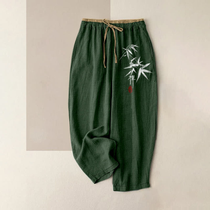 Buddha Stones Pantalones de mujer de algodón puro con estampado de bambú blanco zen, cintura elástica y bolsillos. - Verde bosque - US16，UK/AU20，EU48 (3XL) - image 4