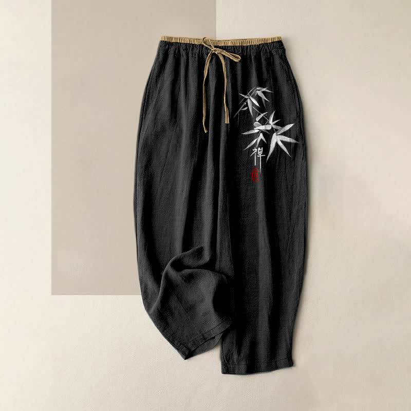 Buddha Stones Pantalones de mujer de algodón puro con estampado de bambú blanco zen, cintura elástica y bolsillos. - Negro - US16，UK/AU20，EU48 (3XL) - image 5