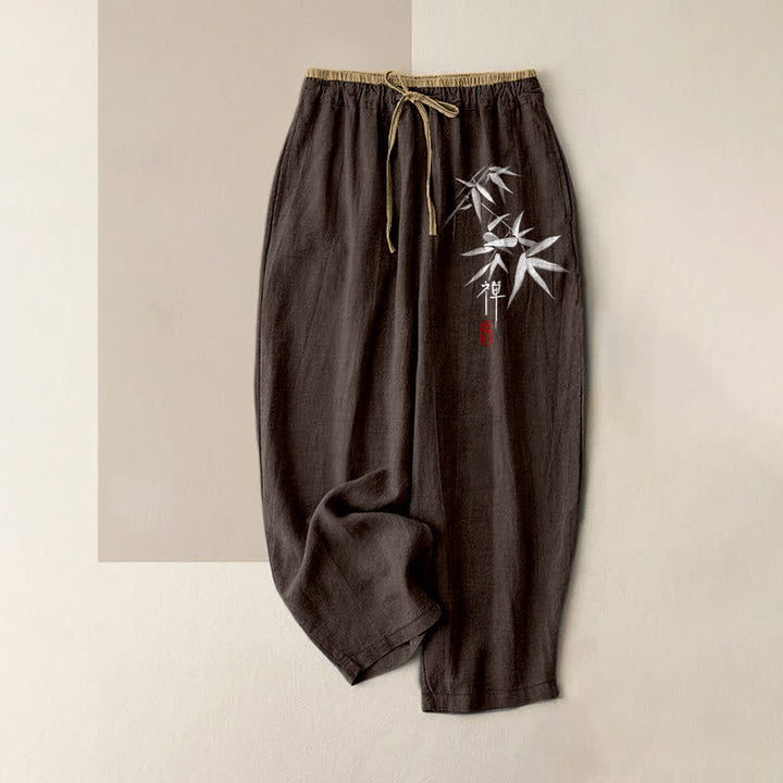 Buddha Stones Pantalones de mujer de algodón puro con estampado de bambú blanco zen, cintura elástica y bolsillos. - Marrón silla de montar - US16，UK/AU20，EU48 (3XL) - image 6