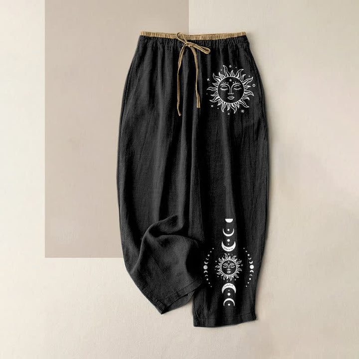 Buddha Stones Pantalones de mujer de algodón puro con estampado de sol, luna y estrellas, cintura elástica y bolsillos. - Negro - US16，UK/AU20，EU48 (3XL) - image 0