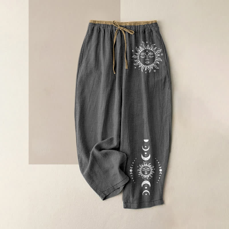 Buddha Stones Pantalones de mujer de algodón puro con estampado de sol, luna y estrellas, cintura elástica y bolsillos. - Gris oscuro - US16，UK/AU20，EU48 (3XL) - image 4