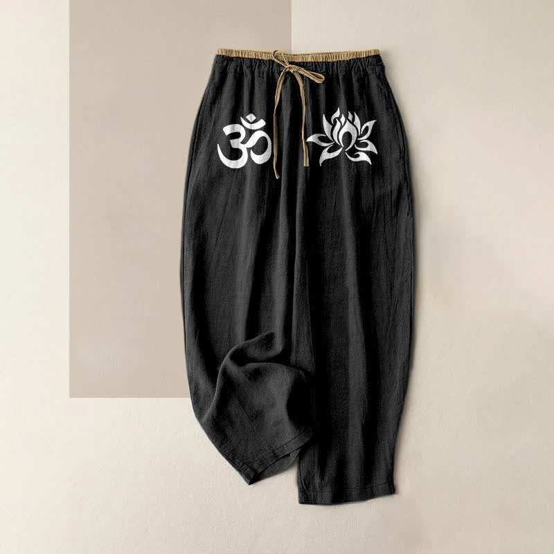 Buddha Stones Pantalones de mujer de algodón puro blanco con estampado OM y loto, cintura elástica y bolsillos. - Negro - US16，UK/AU20，EU48 (3XL) - image 0