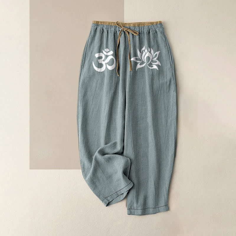 Buddha Stones Pantalones de mujer de algodón puro blanco con estampado OM y loto, cintura elástica y bolsillos. - Azul cadete - US16，UK/AU20，EU48 (3XL) - image 4