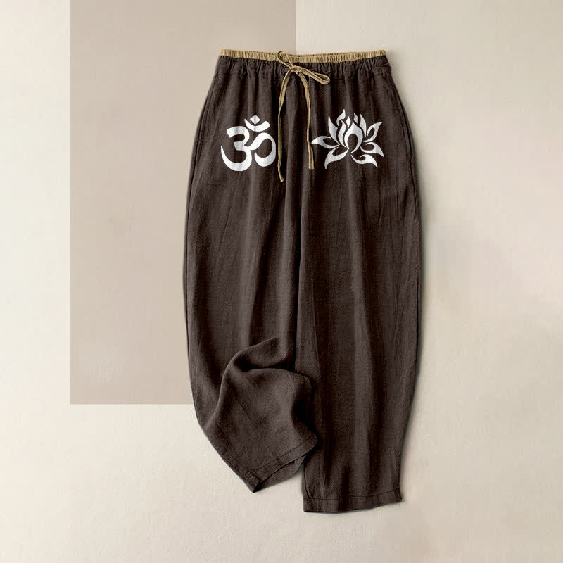Buddha Stones Pantalones de mujer de algodón puro blanco con estampado OM y loto, cintura elástica y bolsillos. - Marrón silla de montar - US16，UK/AU20，EU48 (3XL) - image 5