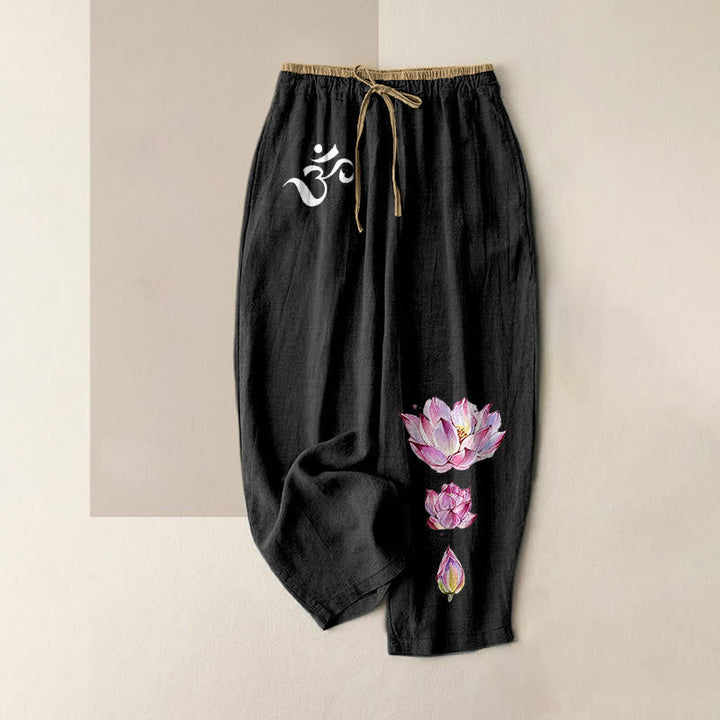 Buddha Stones Pantalones de mujer de algodón puro con estampado de loto rosa OM, cintura elástica y bolsillos. - Negro - US16，UK/AU20，EU48 (3XL) - image 0