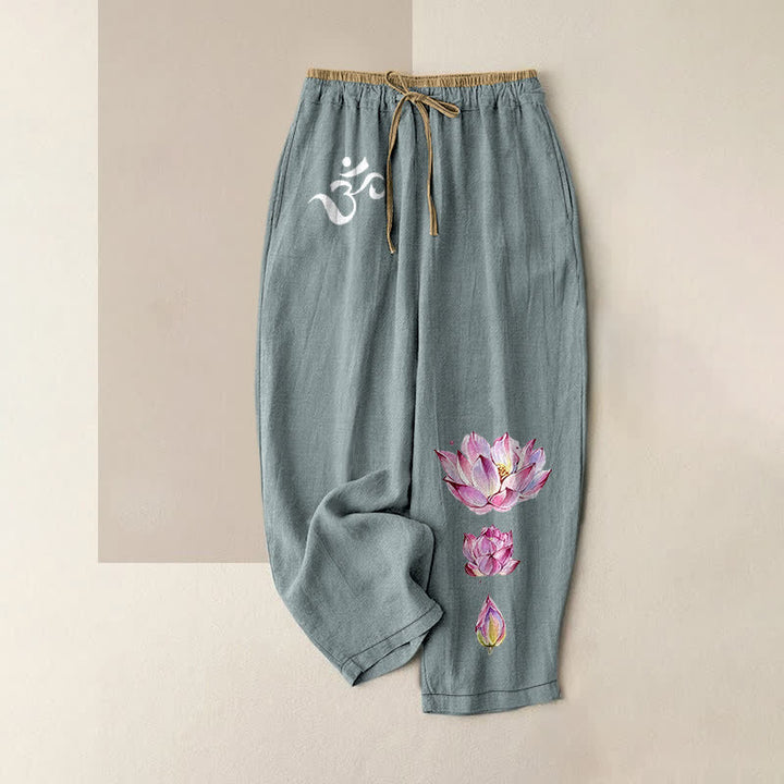 Buddha Stones Pantalones de mujer de algodón puro con estampado de loto rosa OM, cintura elástica y bolsillos. - Azul cadete - US16，UK/AU20，EU48 (3XL) - image 4