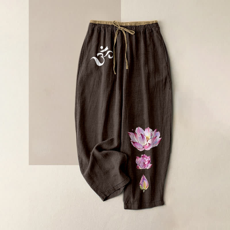 Buddha Stones Pantalones de mujer de algodón puro con estampado de loto rosa OM, cintura elástica y bolsillos. - Marrón silla de montar - US16，UK/AU20，EU48 (3XL) - image 5