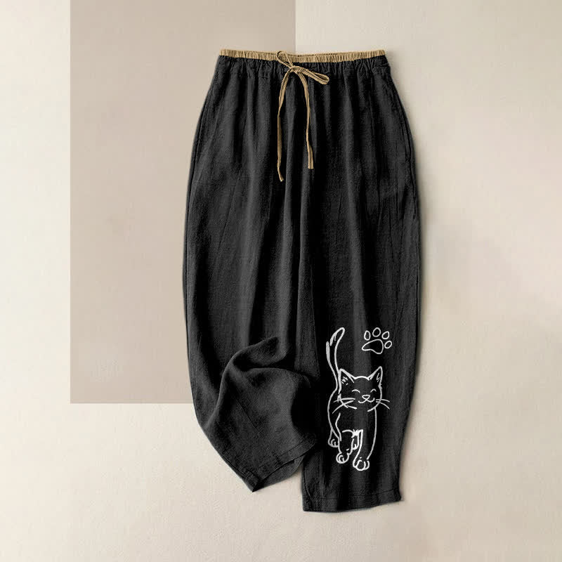Buddha Stones Pantalones de mujer de algodón puro con estampado de gatos y cintura elástica, con bolsillos. - Negro - US16，UK/AU20，EU48 (3XL) - image 0