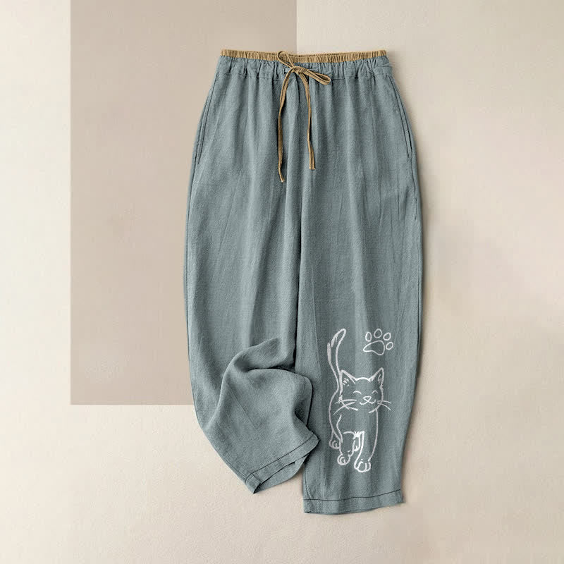 Buddha Stones Pantalones de mujer de algodón puro con estampado de gatos y cintura elástica, con bolsillos. - Azul cadete - US16，UK/AU20，EU48 (3XL) - image 4