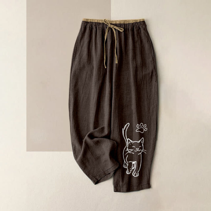 Buddha Stones Pantalones de mujer de algodón puro con estampado de gatos y cintura elástica, con bolsillos. - Marrón silla de montar - US16，UK/AU20，EU48 (3XL) - image 5