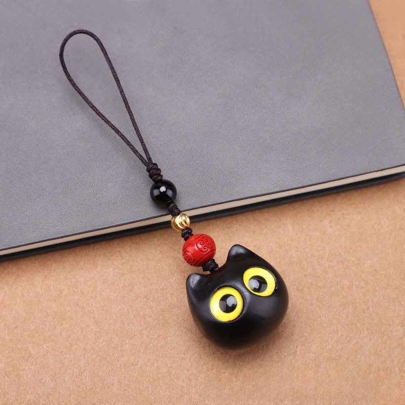 Buddha Stones Llaveros de madera de ébano con diseño de gato adorable, tallados a mano, símbolo de paz. - Cuerda lisa para gato grande - image 9