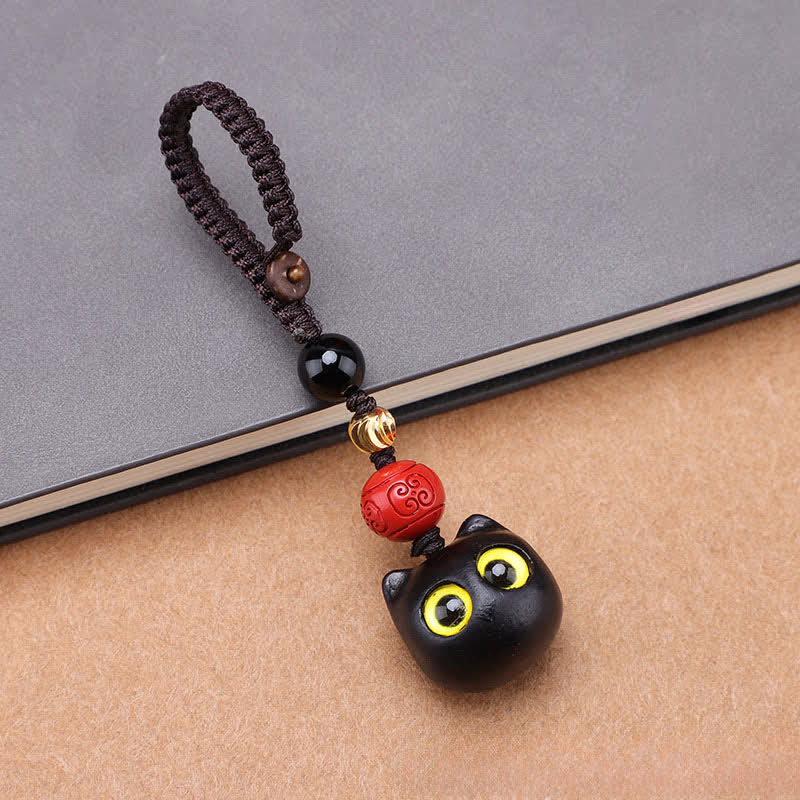 Buddha Stones Llaveros de madera de ébano con diseño de gato adorable, tallados a mano, símbolo de paz. - Cuerda trenzada para gatos pequeños - image 6