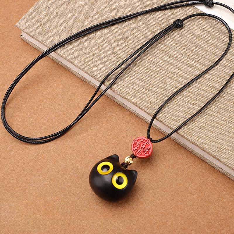 Buddha Stones Collar ajustable de equilibrio con diseño de gato de la suerte, sándalo rojo y madera de ébano. - image 1