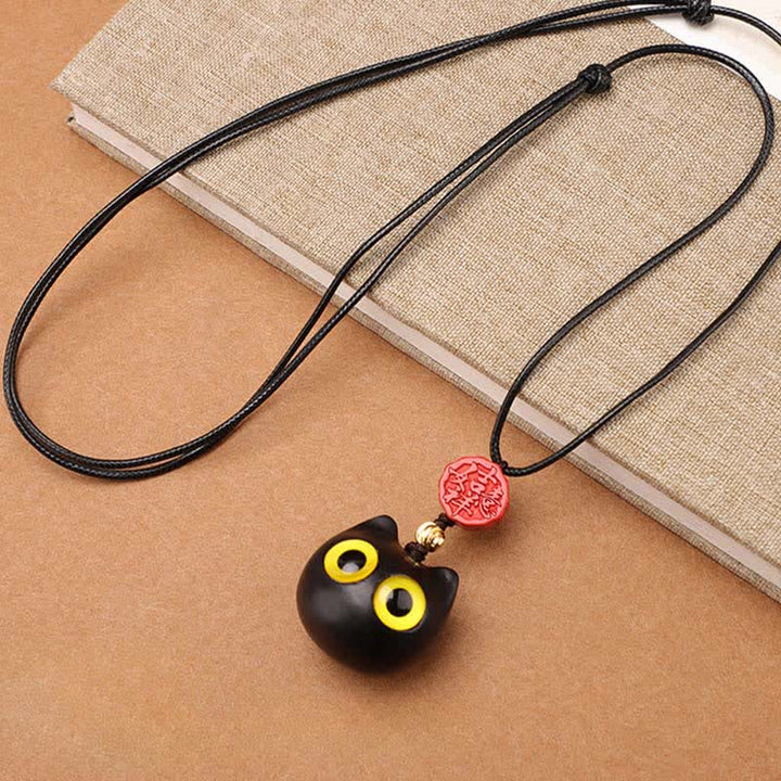 Buddha Stones Collar ajustable de equilibrio con diseño de gato de la suerte, sándalo rojo y madera de ébano. - image 1