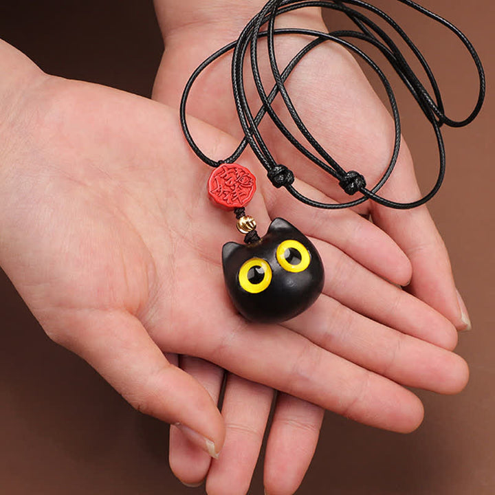 Buddha Stones Collar ajustable de equilibrio con diseño de gato de la suerte, sándalo rojo y madera de ébano. - image 6