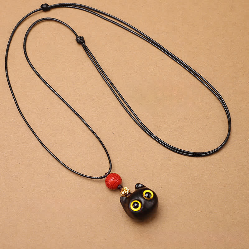 Buddha Stones Collar ajustable de equilibrio con diseño de gato de la suerte, sándalo rojo y madera de ébano. - image 9
