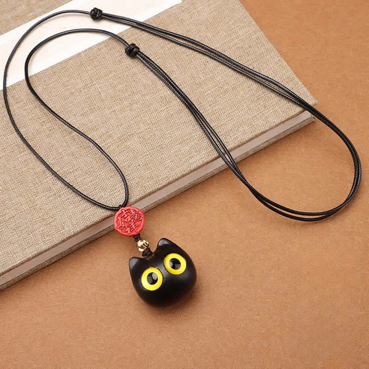 Buddha Stones Collar ajustable de equilibrio con diseño de gato de la suerte, sándalo rojo y madera de ébano. - Gran madera de ébano - image 0