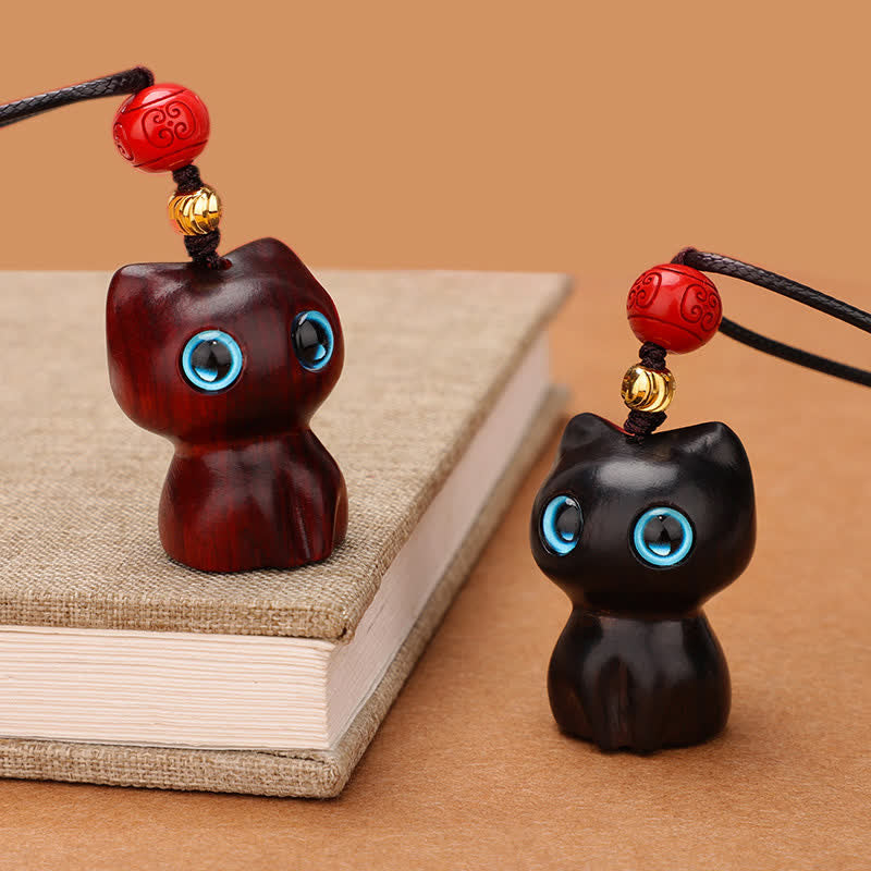 Buddha Stones Collar con colgante de gato tranquilo, bonito y tranquilo, de madera de ébano y sándalo rojo. - image 12