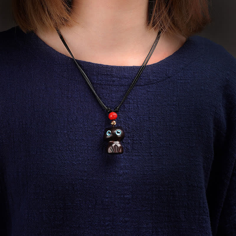 Buddha Stones Collar con colgante de gato tranquilo, bonito y tranquilo, de madera de ébano y sándalo rojo. - image 4