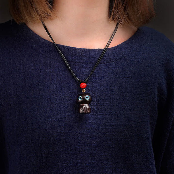 Buddha Stones Collar con colgante de gato tranquilo, bonito y tranquilo, de madera de ébano y sándalo rojo. - image 4