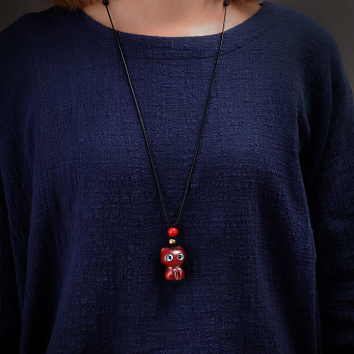 Buddha Stones Collar con colgante de gato tranquilo, bonito y tranquilo, de madera de ébano y sándalo rojo. - image 10