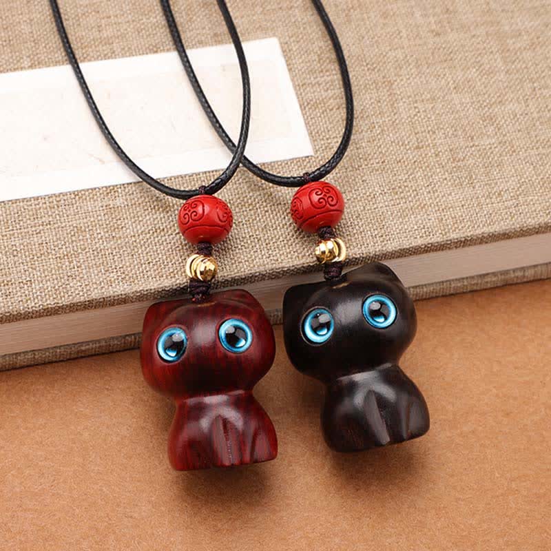 Buddha Stones Collar con colgante de gato tranquilo, bonito y tranquilo, de madera de ébano y sándalo rojo. - image 13