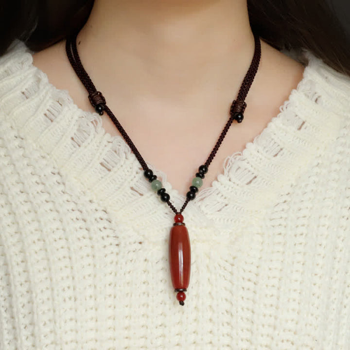 Buddha Stones Collar con colgante ovalado trenzado de ágata verde y ágata roja - image 11