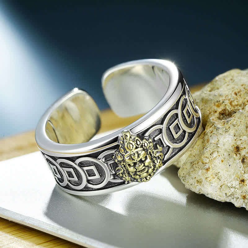 Buddha Stones Anillo ajustable de protección Jambhala de cobre tibetano chapado en plata amarilla - image 1