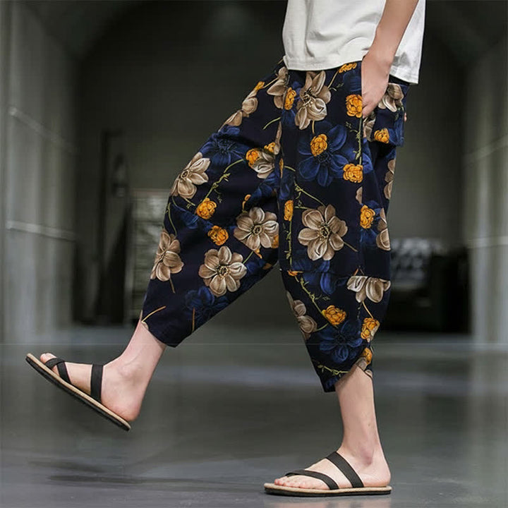Buddha Stones Pantalones capri de verano informales estilo boho con estampado floral para hombre, corte ajustado y bolsillos. - image 8