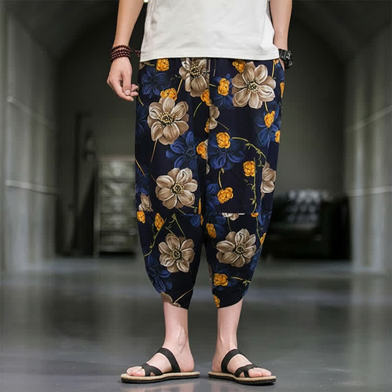 Buddha Stones Pantalones capri de verano informales estilo boho con estampado floral para hombre, corte ajustado y bolsillos. - image 1
