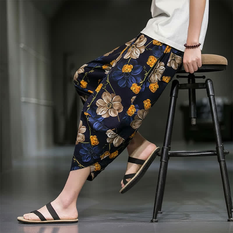 Buddha Stones Pantalones capri de verano informales estilo boho con estampado floral para hombre, corte ajustado y bolsillos. - Azul medianoche - US/UK/AU46, EU56 (5XL) - image 0