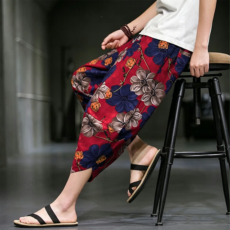 Buddha Stones Pantalones capri de verano informales estilo boho con estampado floral para hombre, corte ajustado y bolsillos. - image 17