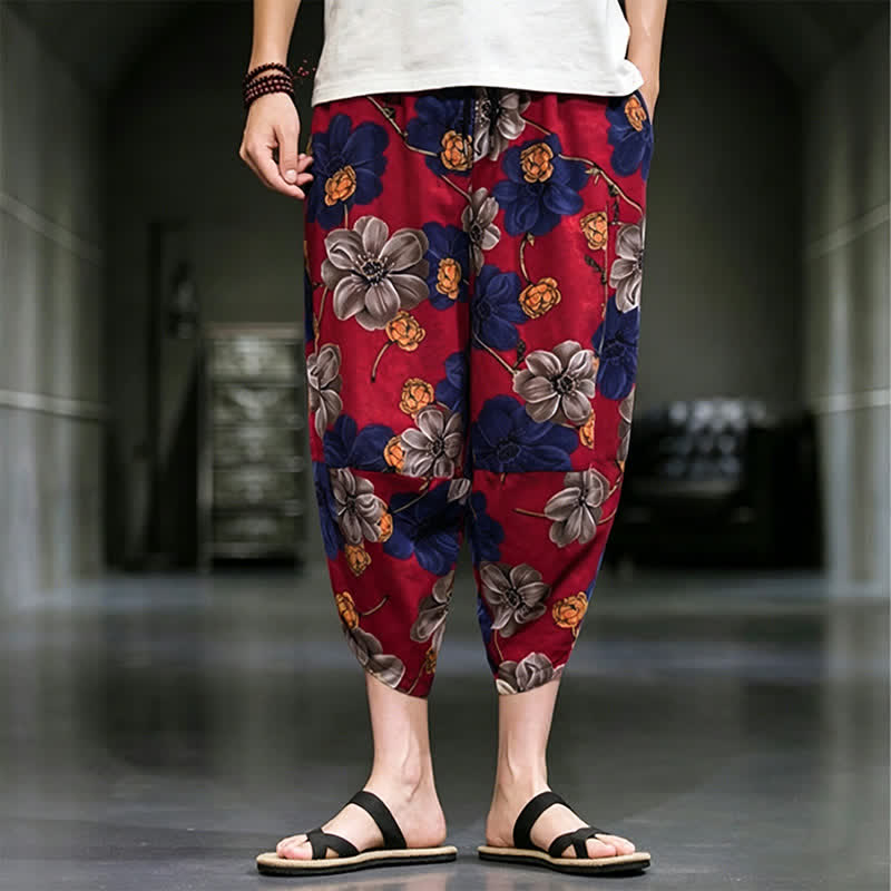 Buddha Stones Pantalones capri de verano informales estilo boho con estampado floral para hombre, corte ajustado y bolsillos. - Ladrillo refractario - US/UK/AU48, EU58 (5XL) - image 11