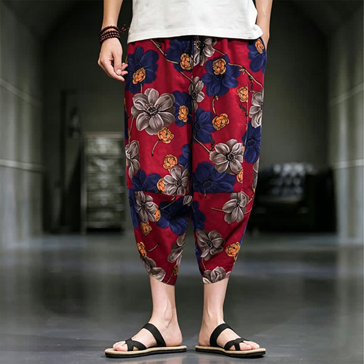 Buddha Stones Pantalones capri de verano informales estilo boho con estampado floral para hombre, corte ajustado y bolsillos. - Ladrillo refractario - US/UK/AU46, EU56 (5XL) - image 11