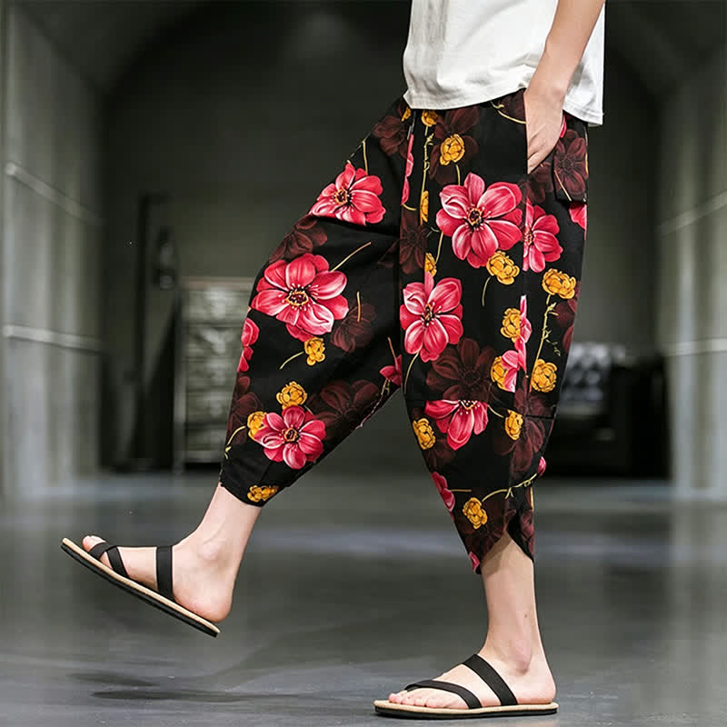 Buddha Stones Pantalones capri de verano informales estilo boho con estampado floral para hombre, corte ajustado y bolsillos. - image 23