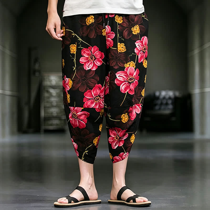 Buddha Stones Pantalones capri de verano informales estilo boho con estampado floral para hombre, corte ajustado y bolsillos. - Carmesí - US/UK/AU48, EU58 (5XL) - image 18