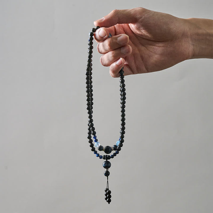 Mala de 108 cuentas con borla redonda de obsidiana negra y Buddha Stones, hecha a mano para protección. - image 6