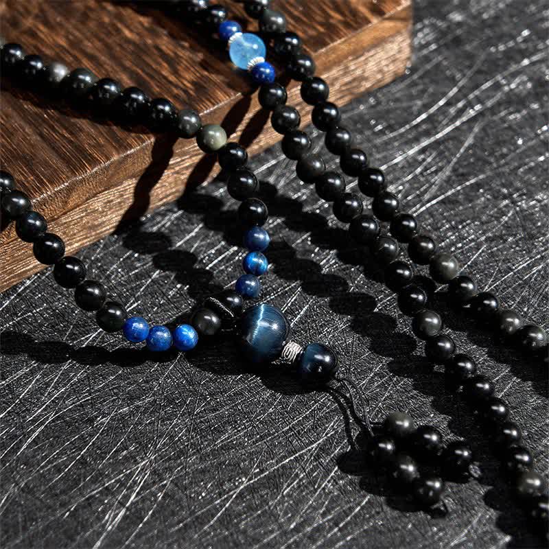 Mala de 108 cuentas con borla redonda de obsidiana negra y Buddha Stones, hecha a mano para protección. - image 4