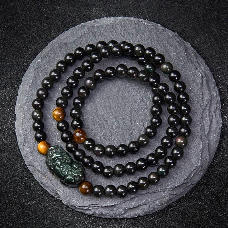 Buddha Stones Pulsera de cuentas talladas a mano PiXiu Rainbow Obsidian Black Obsidian Wealth - Cuenta de obsidiana arcoíris (cambia de color con la luz) - 6 mm - image 0
