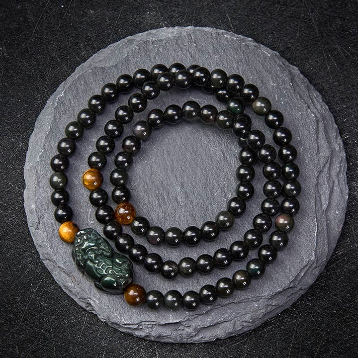 Buddha Stones Pulsera de cuentas talladas a mano PiXiu Rainbow Obsidian Black Obsidian Wealth - Cuenta de obsidiana arcoíris (cambia de color con la luz) - 6 mm - image 0