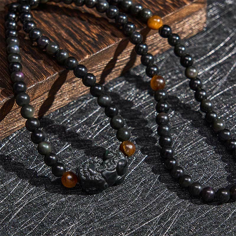 Buddha Stones Pulsera de cuentas talladas a mano PiXiu Rainbow Obsidian Black Obsidian Wealth - image 5