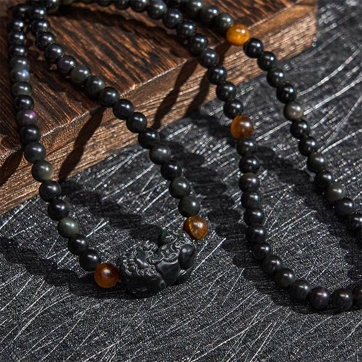 Buddha Stones Pulsera de cuentas talladas a mano PiXiu Rainbow Obsidian Black Obsidian Wealth - image 5