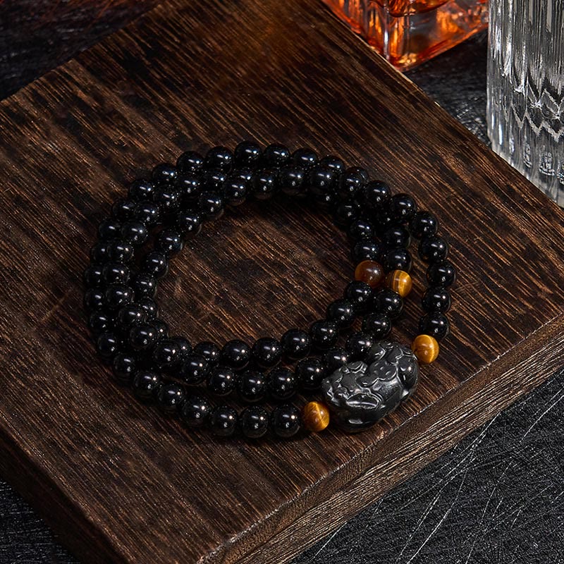 Buddha Stones Pulsera de cuentas talladas a mano PiXiu Rainbow Obsidian Black Obsidian Wealth - image 11