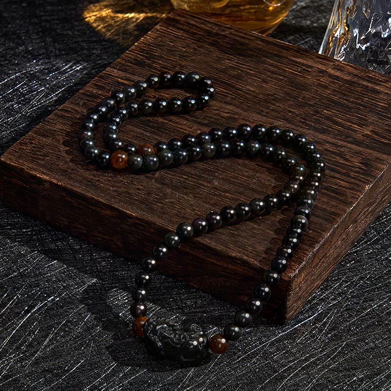 Buddha Stones Pulsera de cuentas talladas a mano PiXiu Rainbow Obsidian Black Obsidian Wealth - image 3