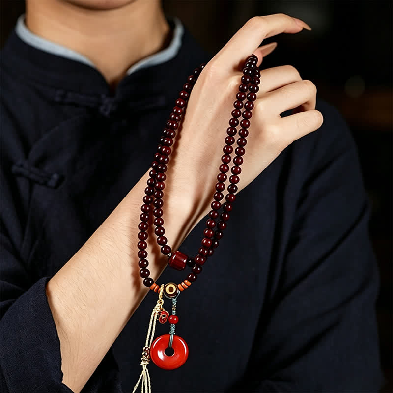 Buddha Stones Mala de protección con hebilla de paz de sándalo rojo, tejido a mano, 108 cuentas. - image 9