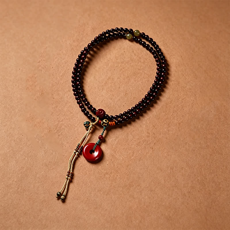 Buddha Stones Mala de protección con hebilla de paz de sándalo rojo, tejido a mano, 108 cuentas. - image 2